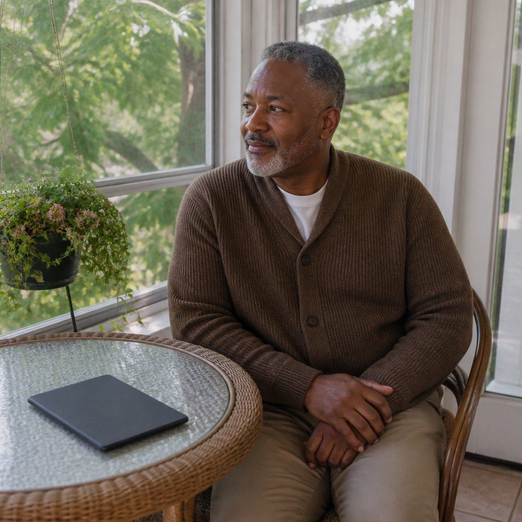Man sits thoughtfully beside a face-down tablet in sunroom, leaves moving outside.