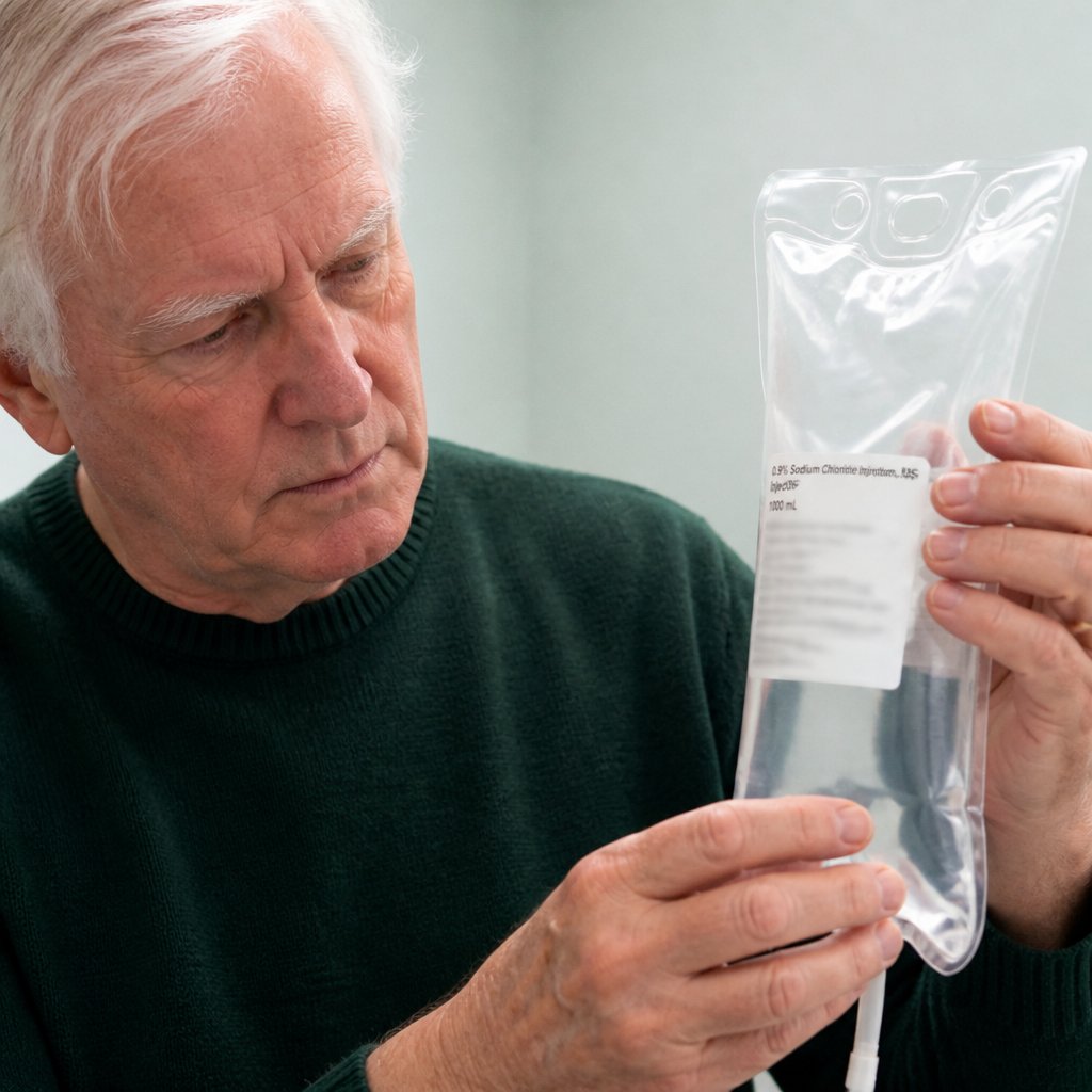 Older man inspecting infusion bag label closely in hospital room.