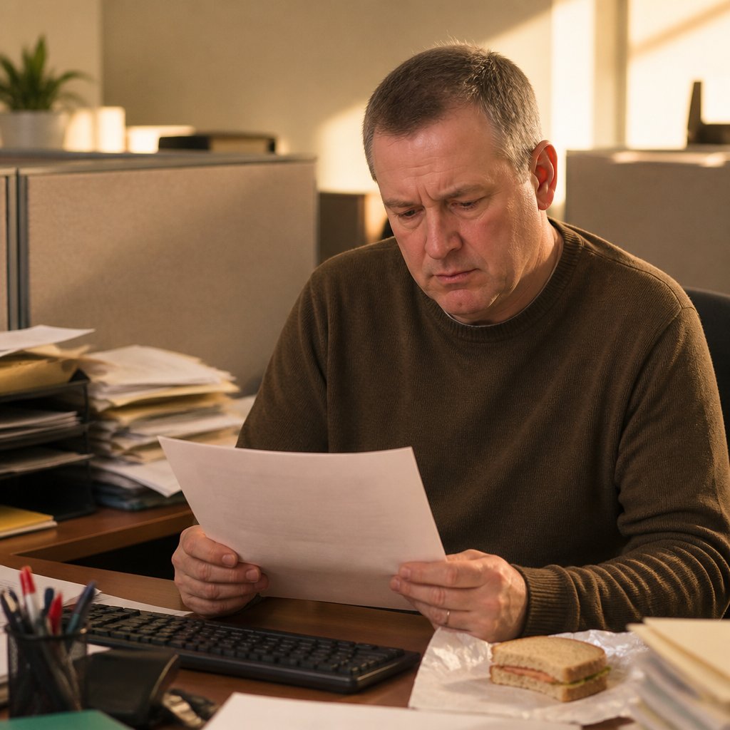 Man reviewing impossible performance improvement plan in cubicle