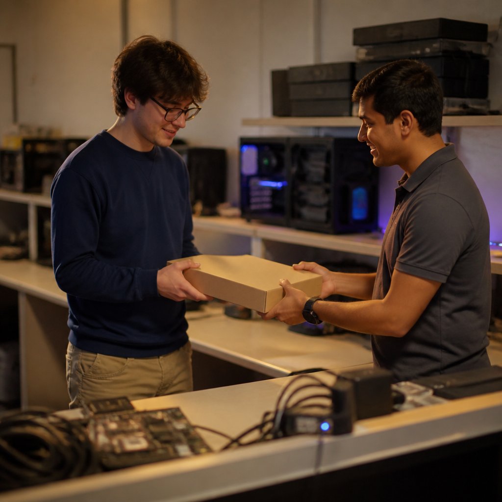 Young man receiving new laptop from IT technician at help desk