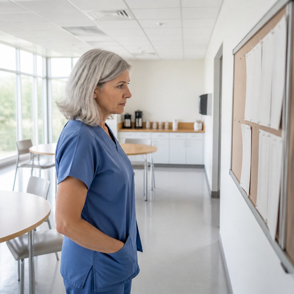Nurse reviewing shift schedule alone in empty hospital breakroom.
