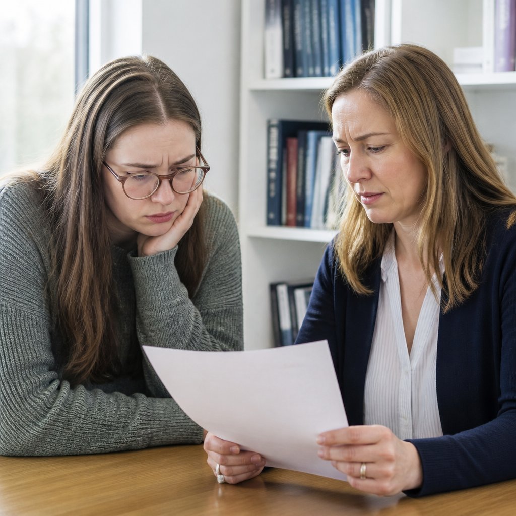 Woman and genetic counselor reviewing limited lab summary in an office.