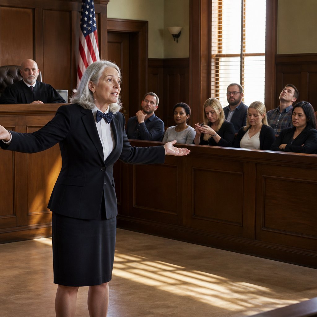Lawyer giving passionate closing argument while jury looks thoroughly unimpressed