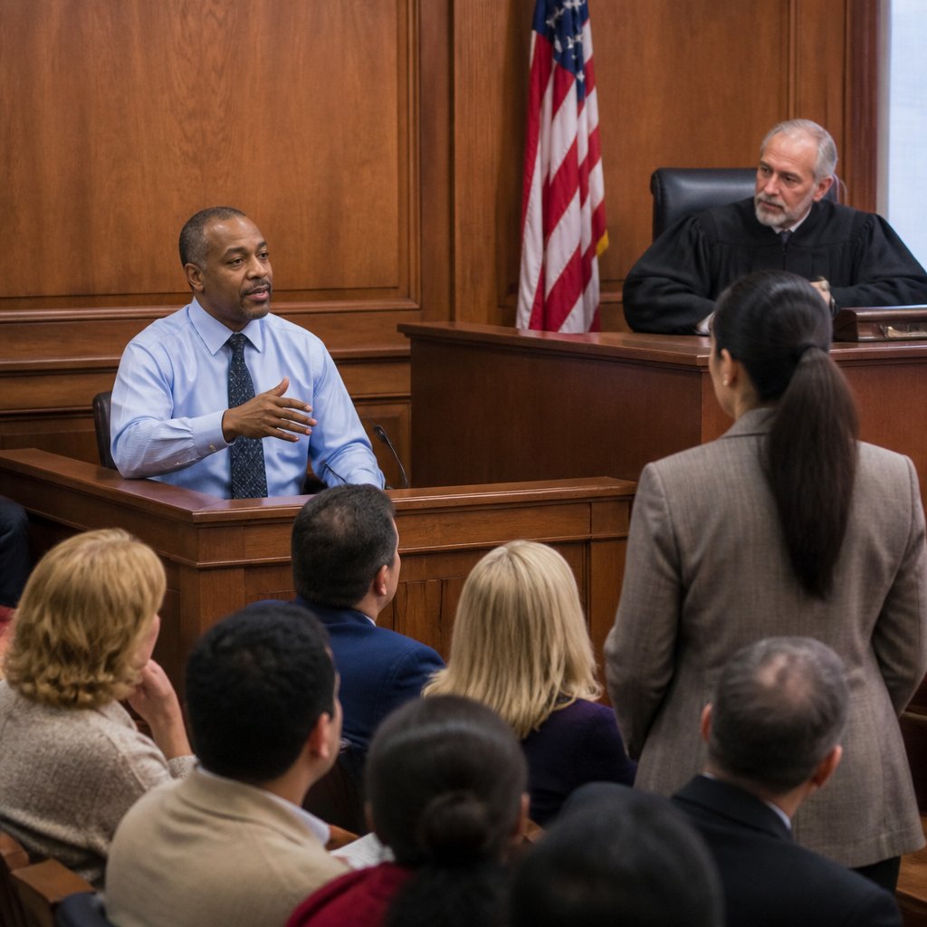 OSHA inspector testifying authoritatively in witness box as jurors lean forward