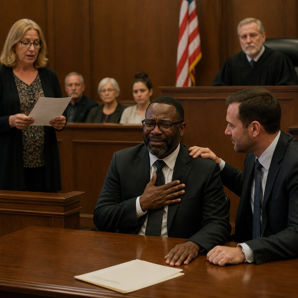 Emotional plaintiff hearing favorable verdict while his attorney squeezes his shoulder