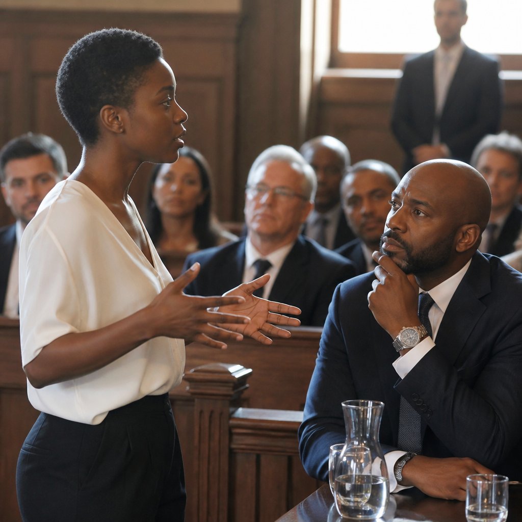 A courtroom scene of intense debate over creative intellectual property.