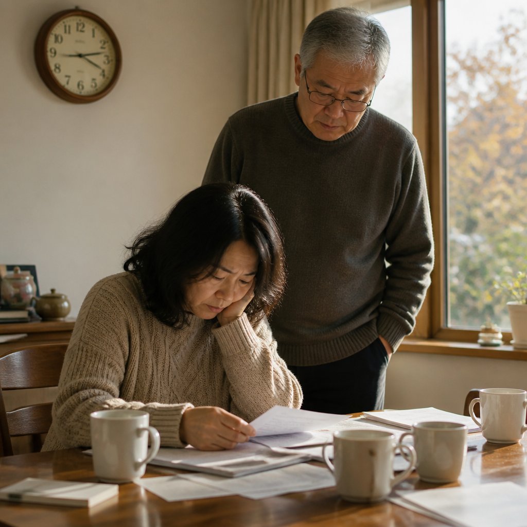 Woman and older man review papers at cluttered dining table with ticking clock