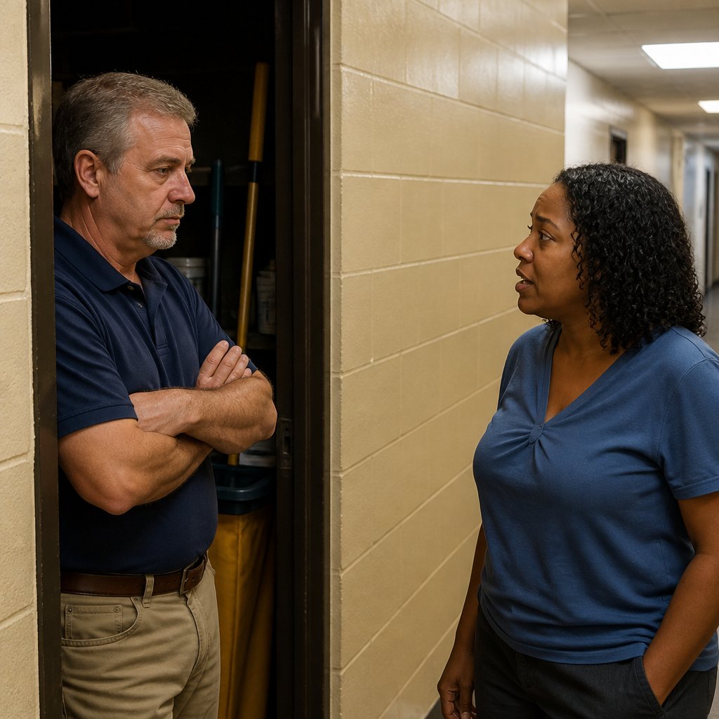 Maintenance supervisor standing in institutional hallway with arms crossed and serious expression