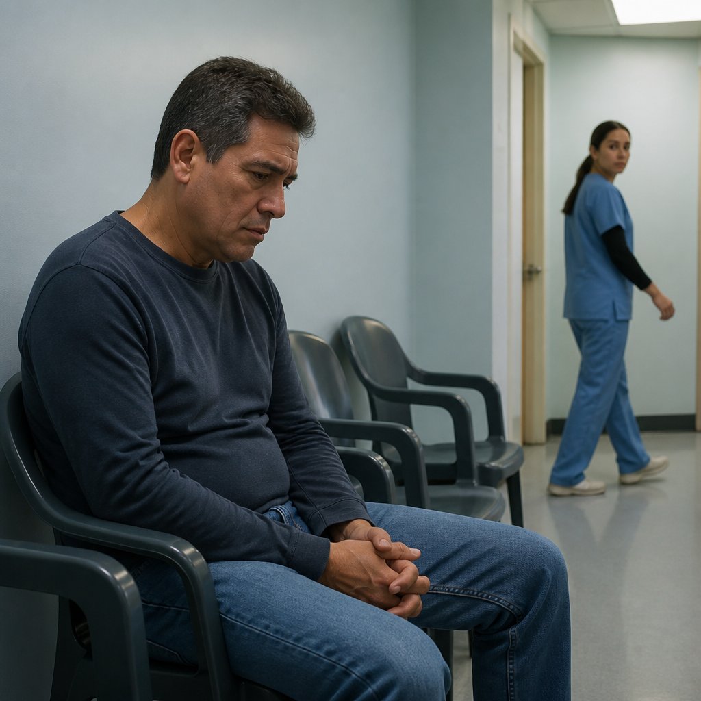 Man waits tensely in legal clinic after receiving false restraining order claims