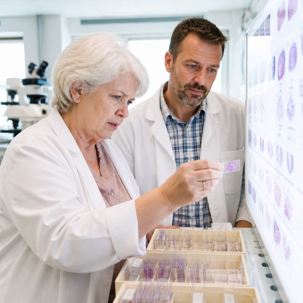 Older woman and male colleague analyzing stained slides under lightbox in pathology lab