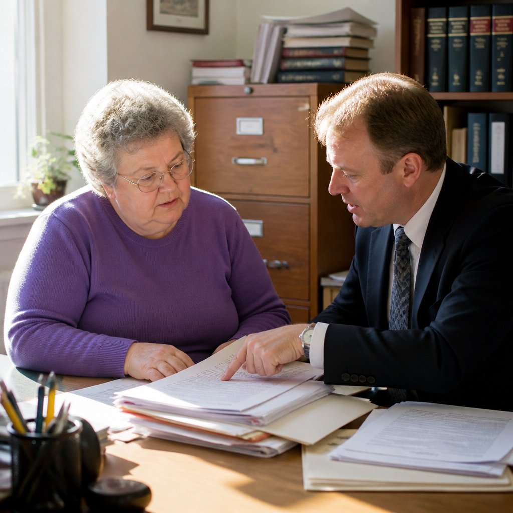 Woman reviewing lawsuit venue change and arbitration papers with lawyer