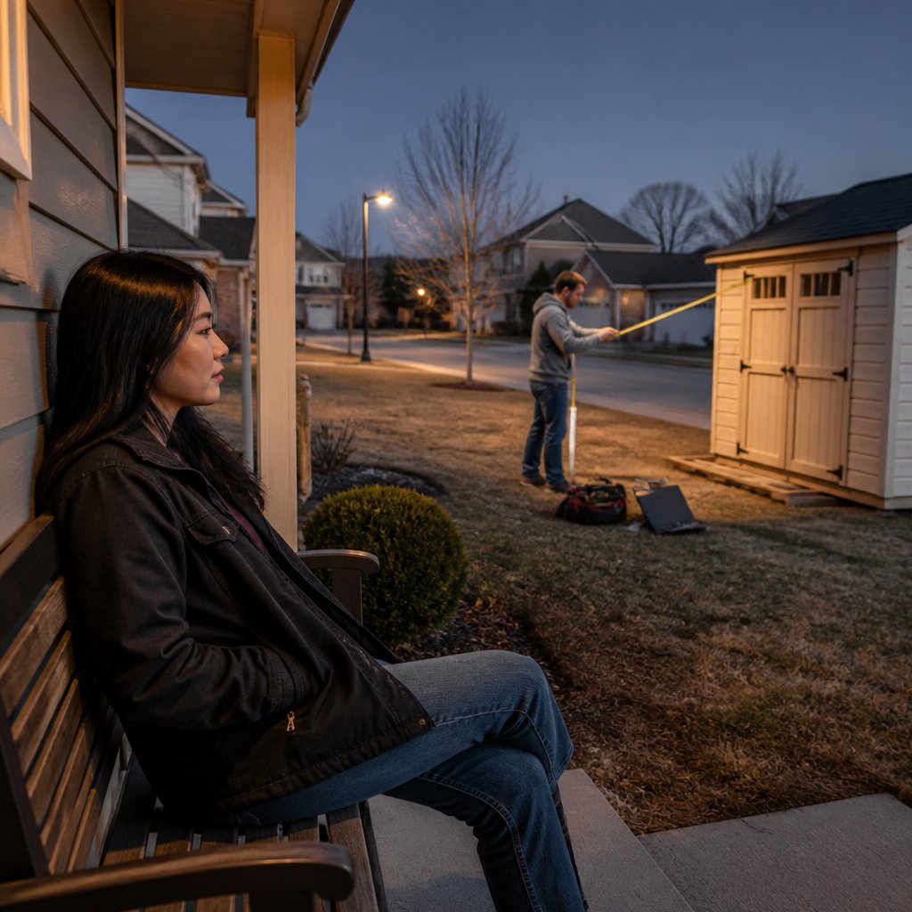 Woman watching a man measuring a shed at dusk from a porch, looking tense