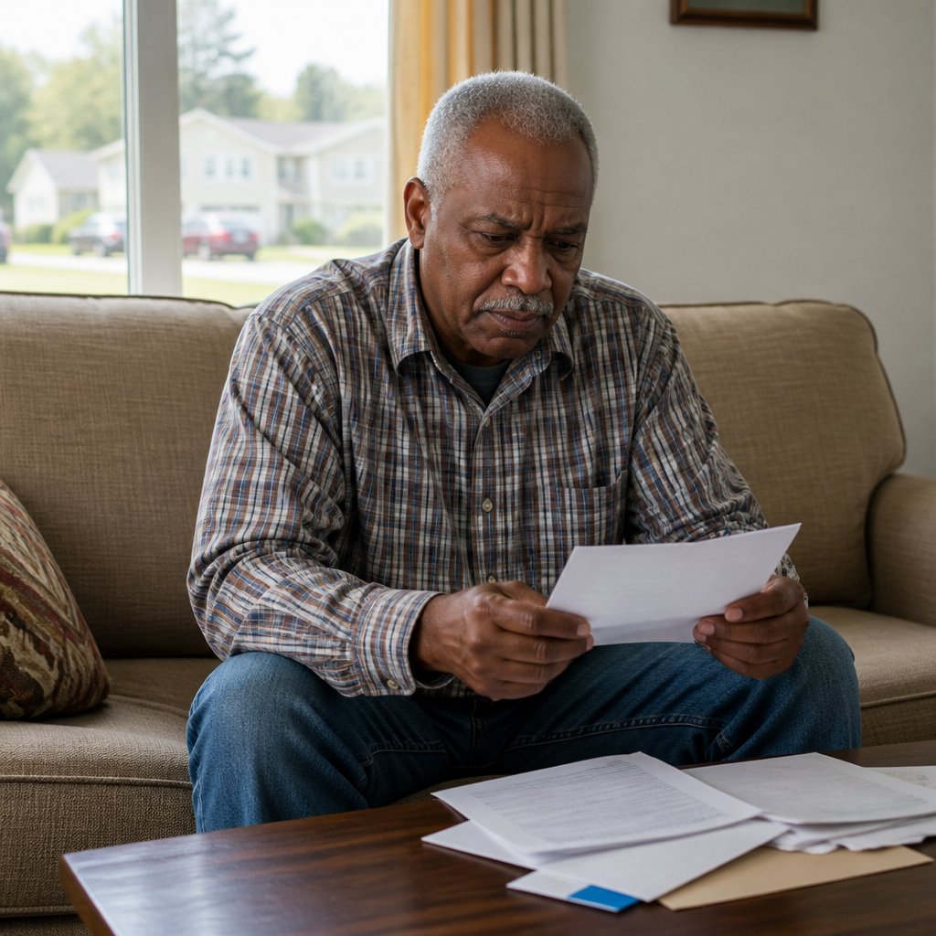 Man reading settlement letter at home, serious and conflicted expression