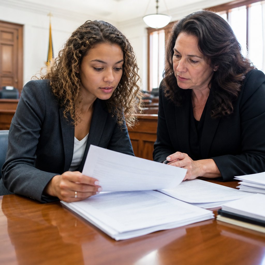 Client and attorney examining medical record audit logs at courthouse