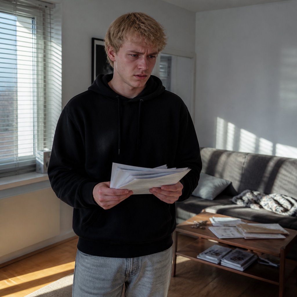 Young man holding lawsuit papers in living room looking worried