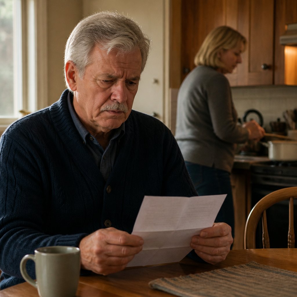 Man reading a termination letter at home while wife cooks nearby