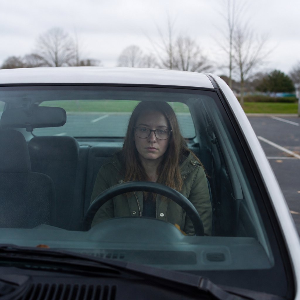 Woman sitting alone in her car in a parking lot staring ahead with quiet devastation