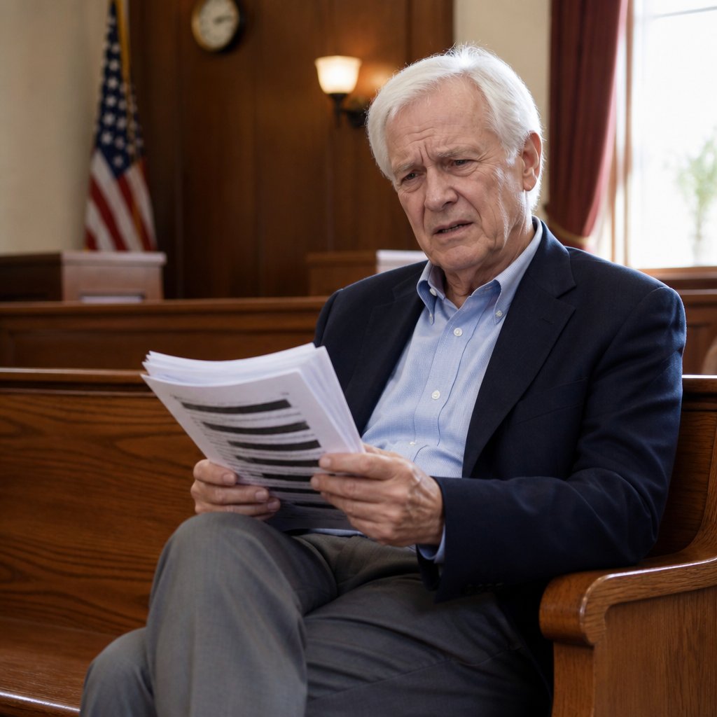 Man reviewing redacted legal documents on courtroom bench, looking frustrated.