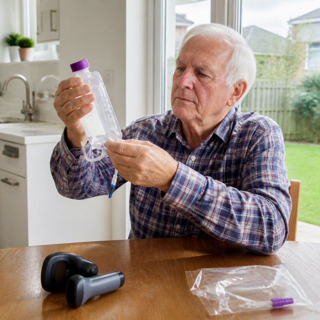 Older man examining new infusion bag label at home kitchen table.