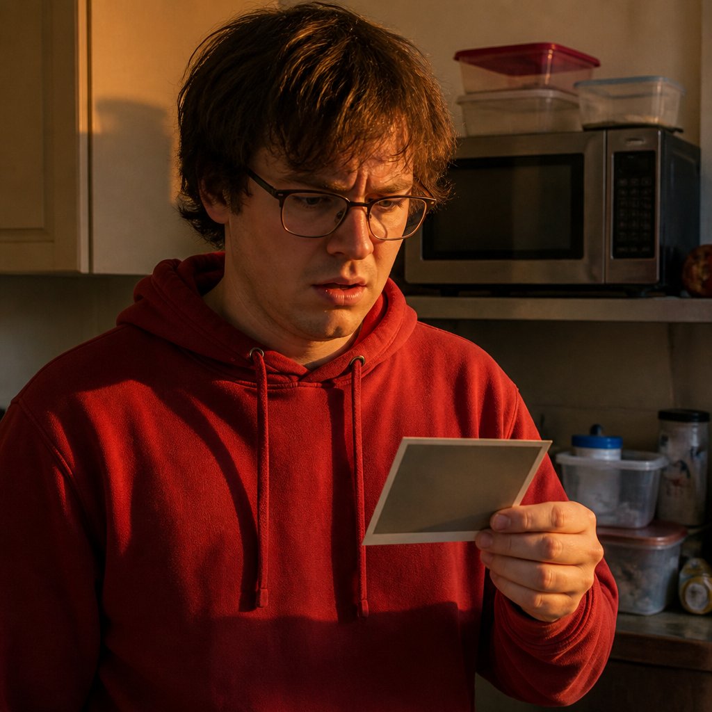 Young man holding photo printout in company kitchen looking shocked