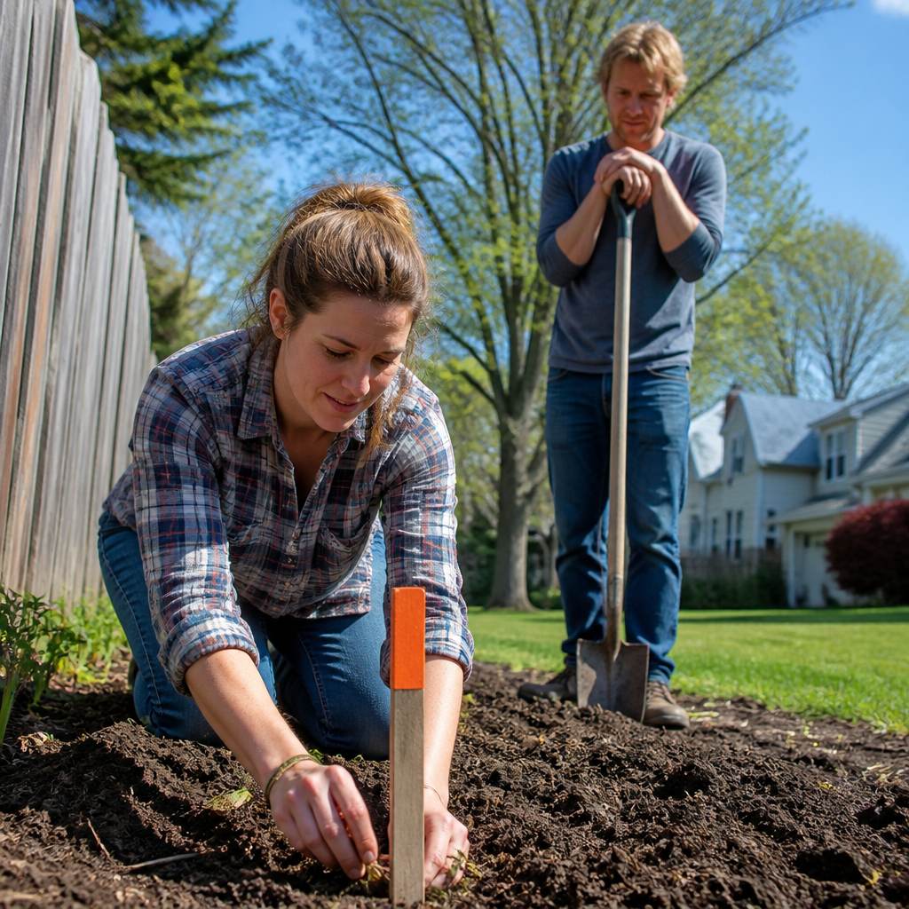 Homeowner examining newly placed boundary stakes in yard