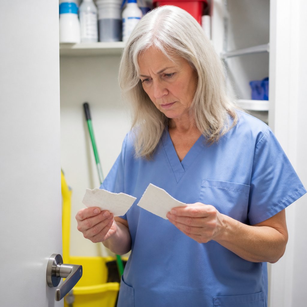 Woman holding torn service checklist fragments found in hospital utility closet.