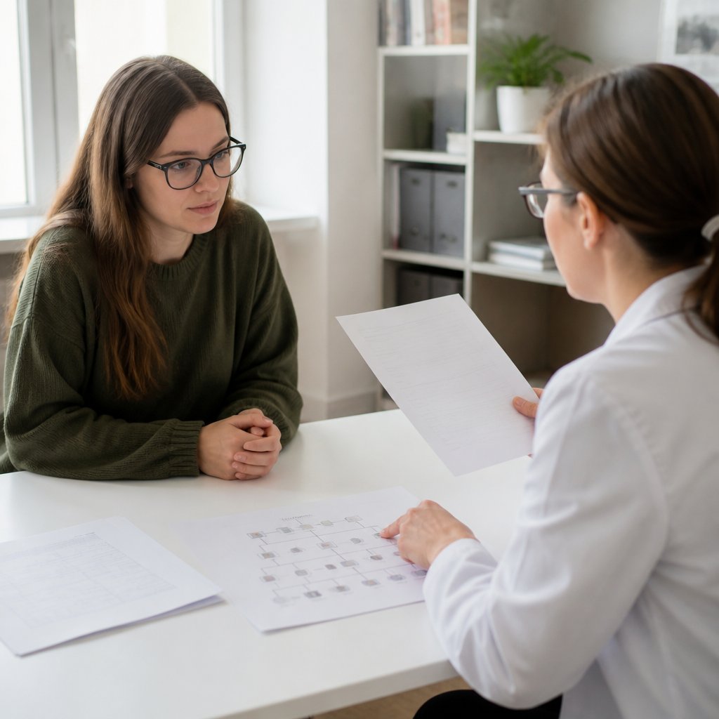 Geneticist explaining pathogenic reclassification to woman in clinic.