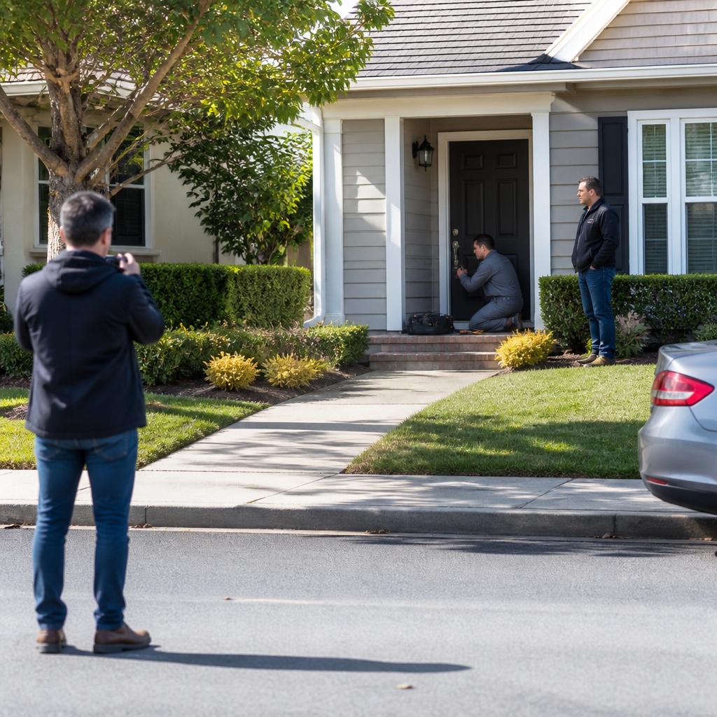Man watching locksmith while neighbor films outside house.