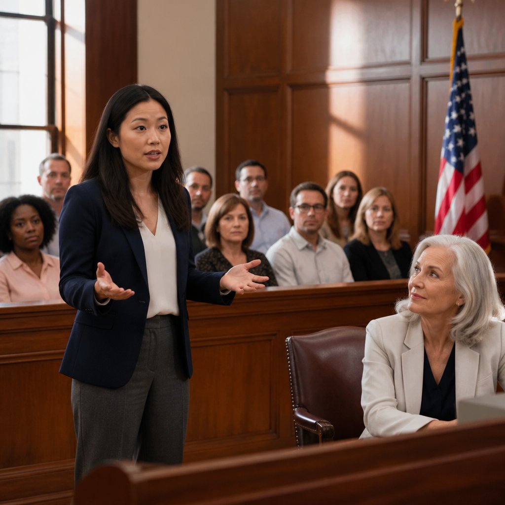 Defense attorney delivering brief closing to receptive jury while elderly client watches proudly