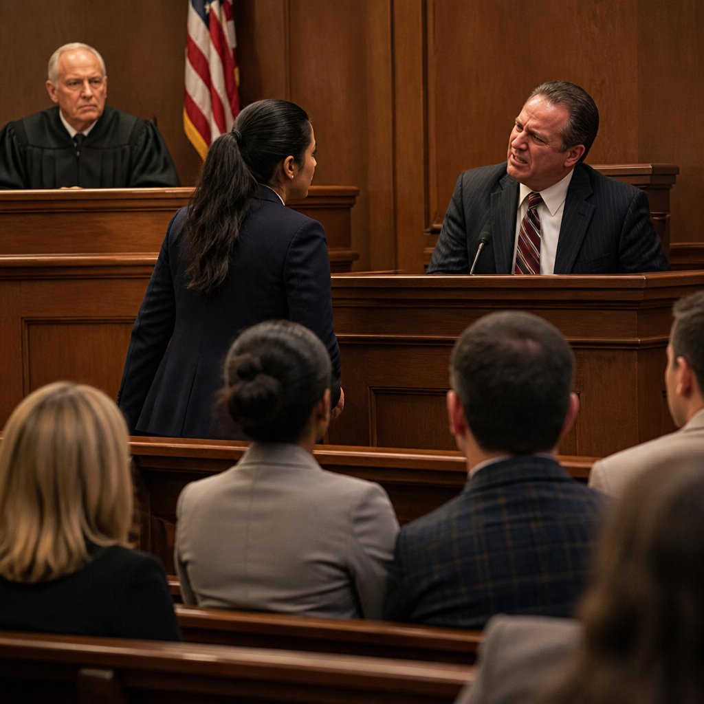Restaurant owner on witness stand looking defensive while attorney questions him calmly