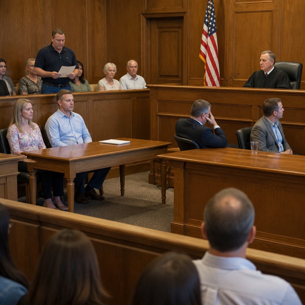 Couple sitting stunned at disappointing verdict while contractor looks relieved
