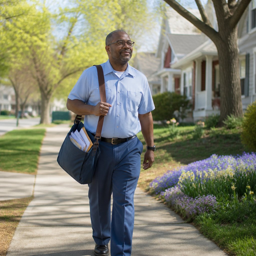 Postal carrier walking his route on a sunny morning looking content and healthy