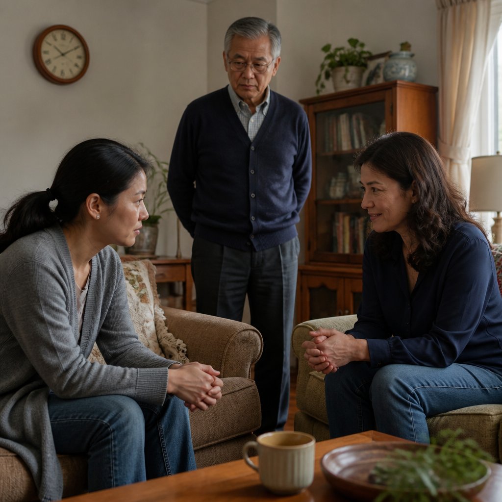 Two women in tense conversation in living room while older man observes quietly