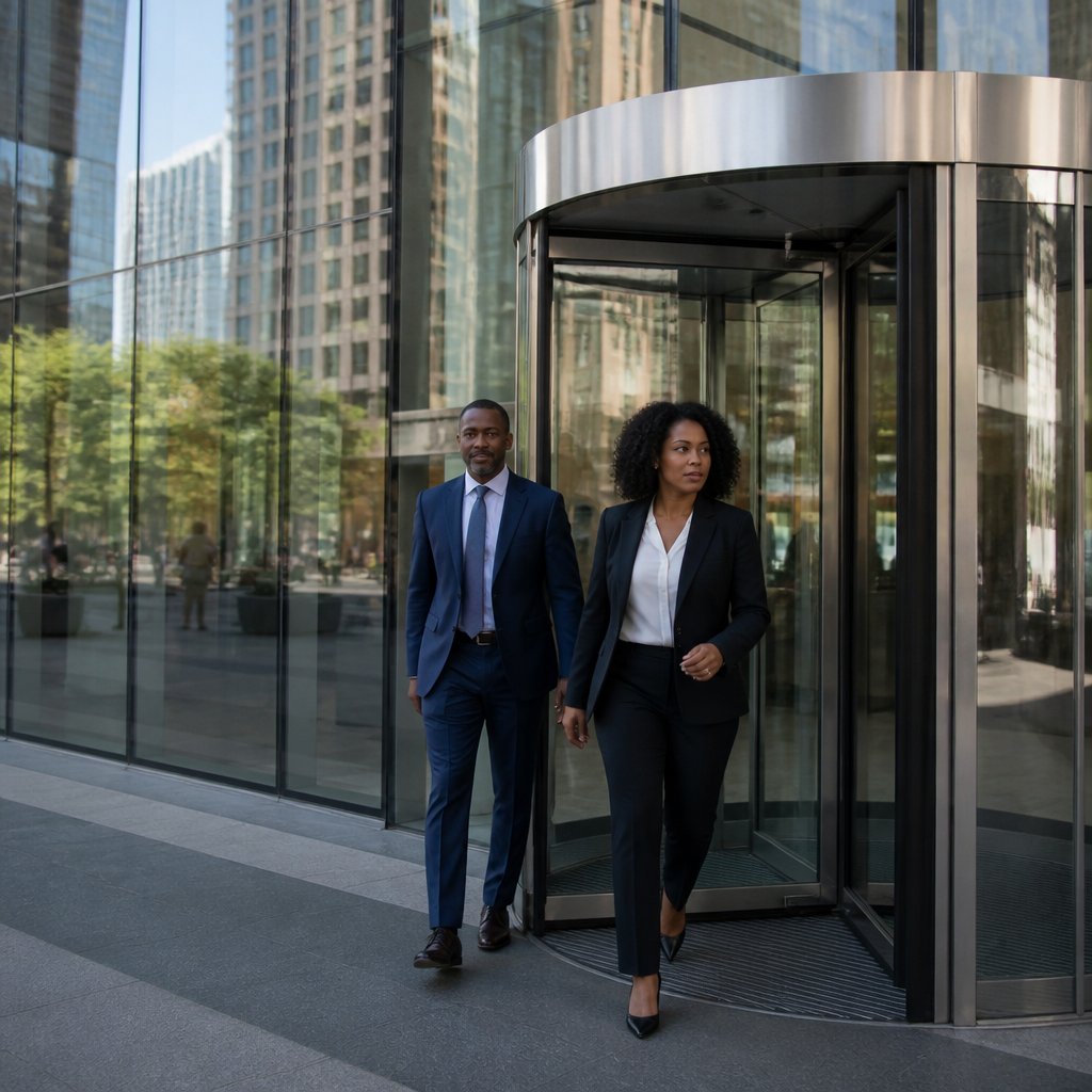 Imposing corporate law firm building in a downtown area