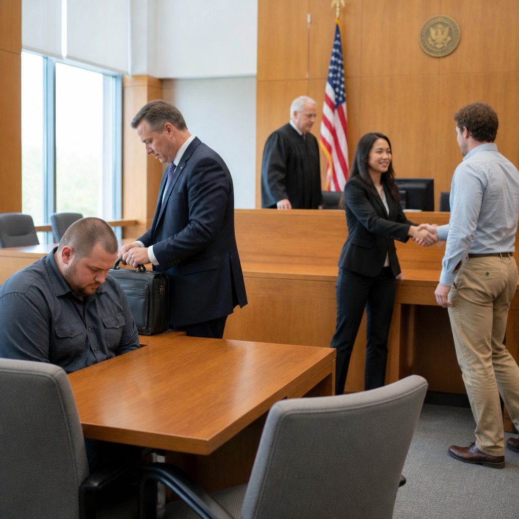 Deflated plaintiff sitting alone after losing verdict while defense team shakes hands