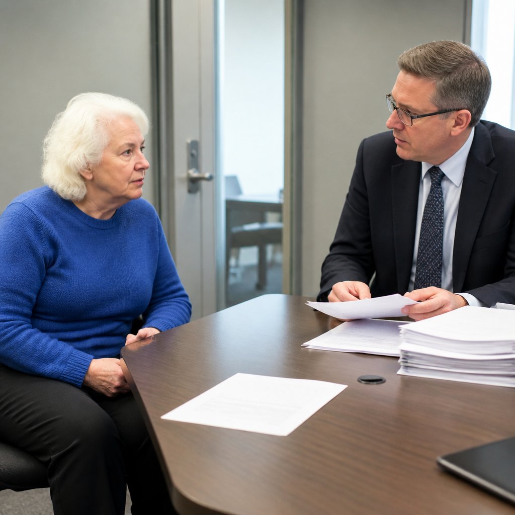 Older woman facing corporate lawyer reviewing legal documents in meeting room
