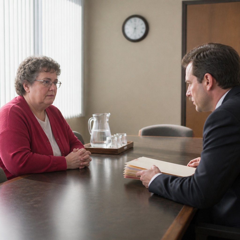 Woman under hostile questioning at deposition facing aggressive lawyer