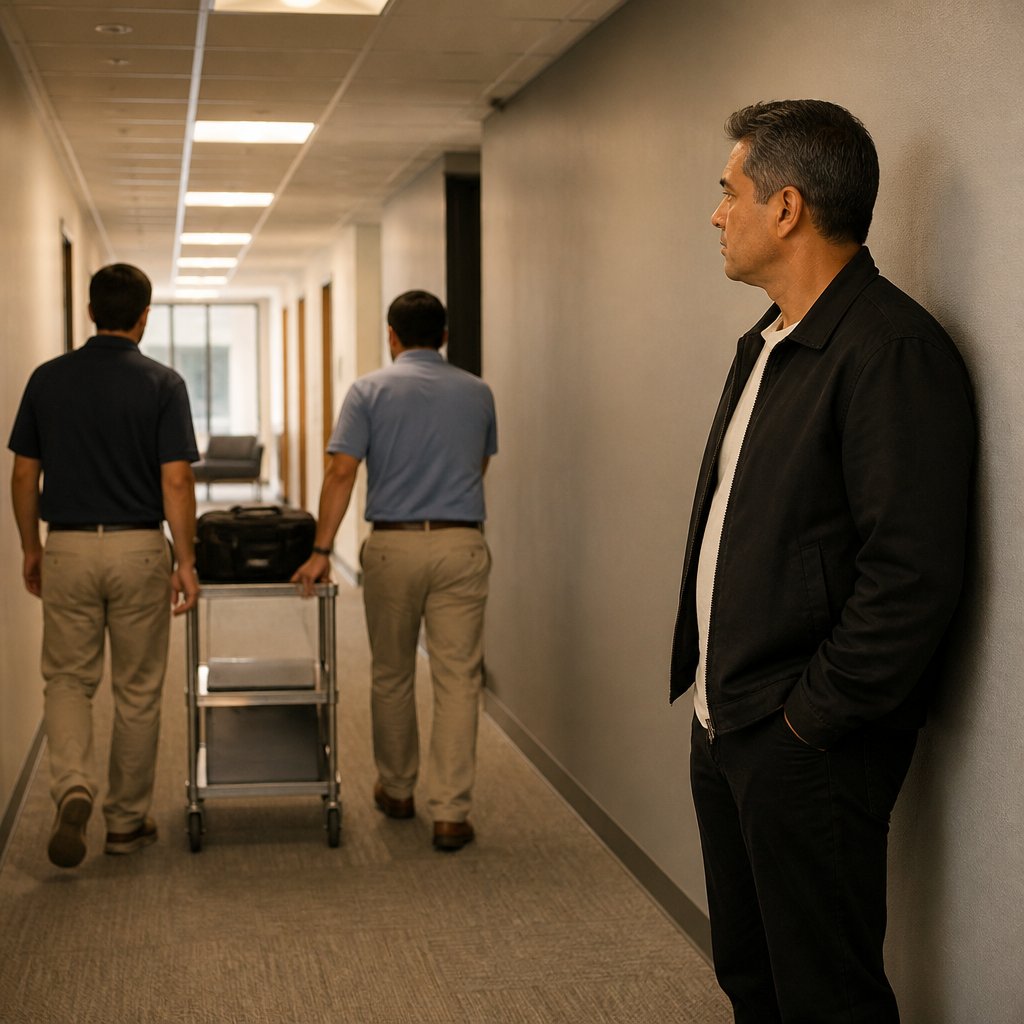 Mara watches as IT staff remove his laptop on a cart in office hallway