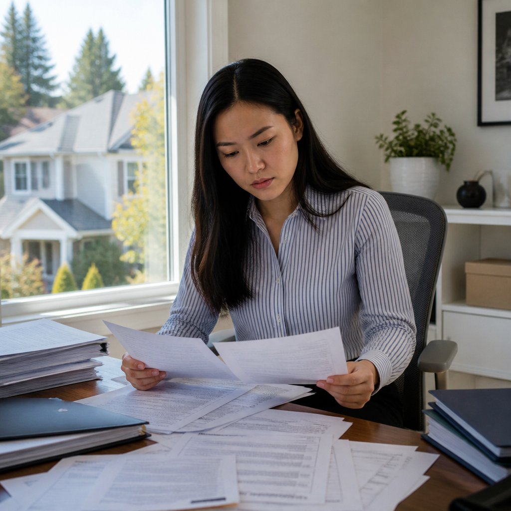 Woman reviewing legal court filings at desk in home office with serious expression
