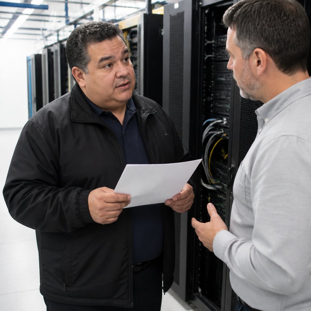 Man reviewing IT expert report in server room with technician