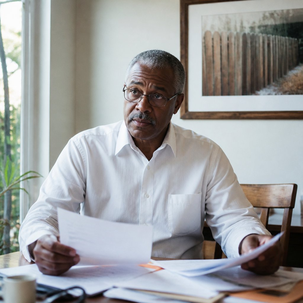 Man reviewing legal papers at dining table, worried expression