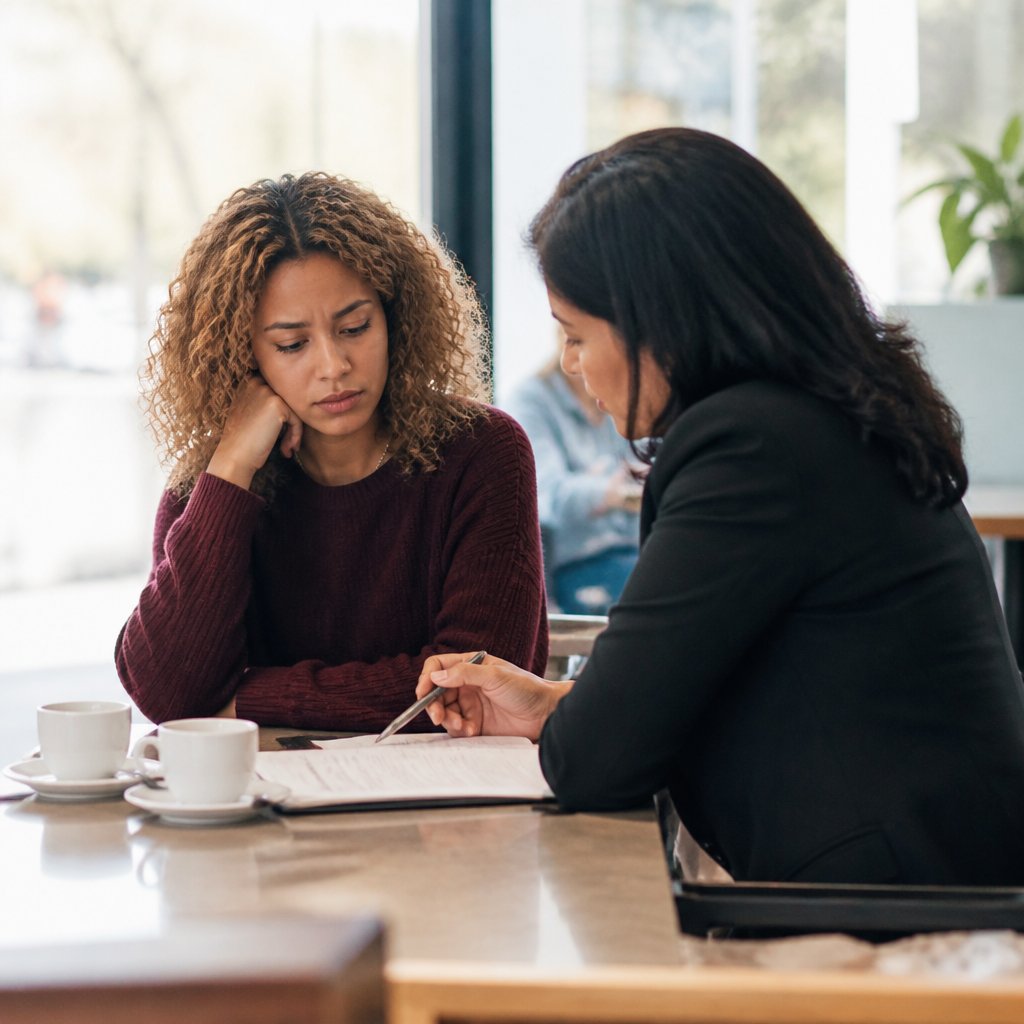 Woman and attorney in café reviewing case documents, serious expressions