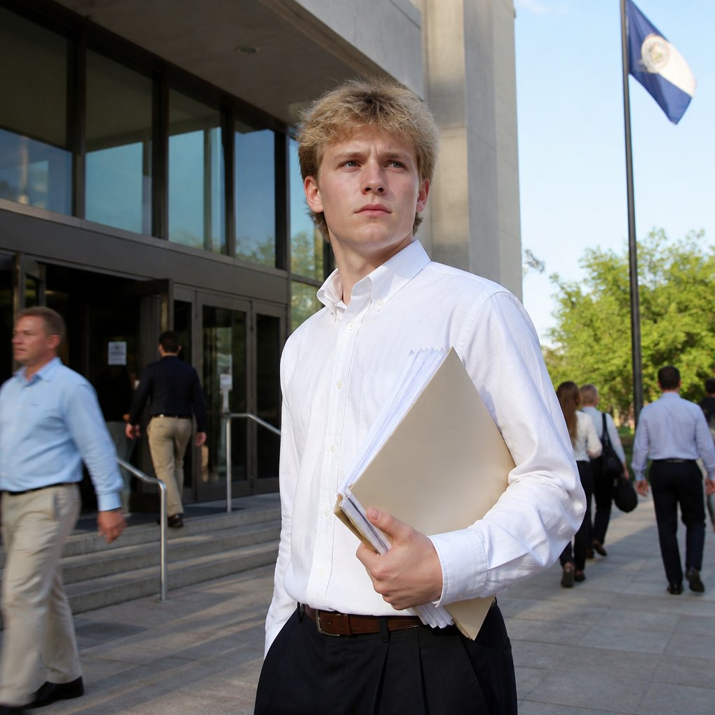 Young man holding documents outside city building looking worried
