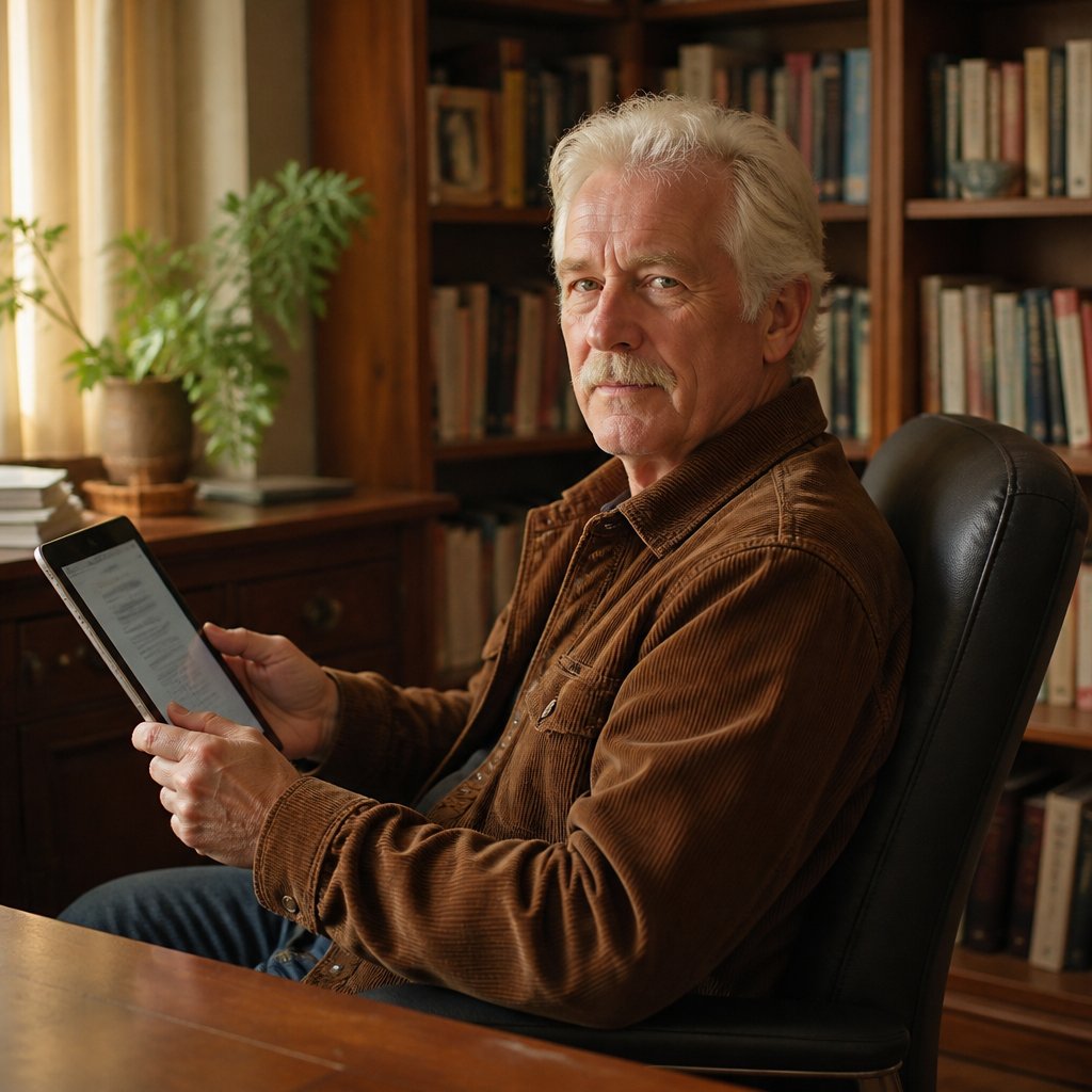 Man examining incomplete personnel file on tablet at home office
