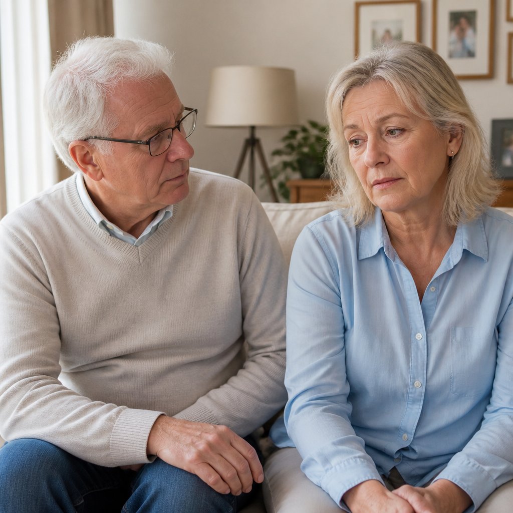Older couple in living room discussing memory concerns post-ICU.