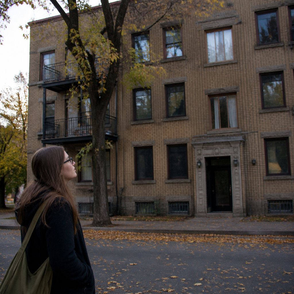Woman standing across the street from her old apartment building looking up at her former window