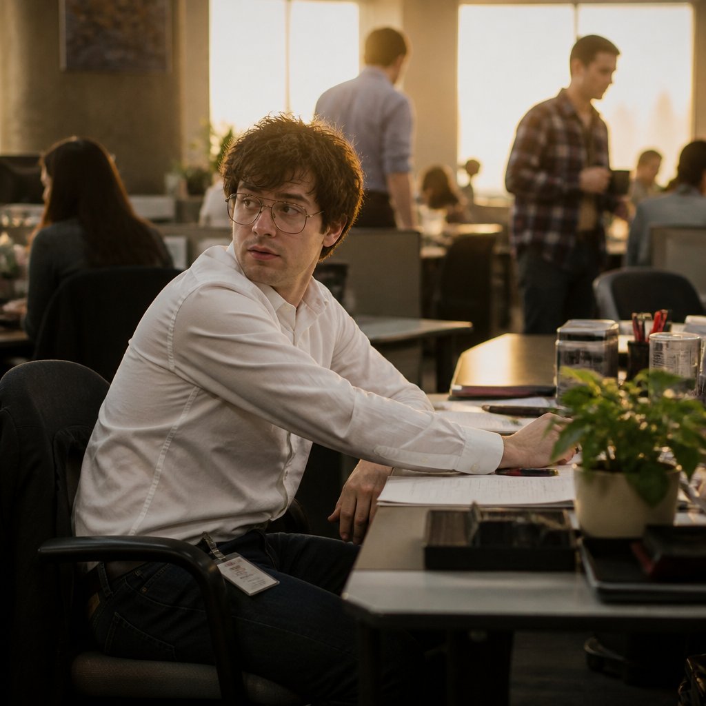 Young man at desk in open office looking worried while coworkers work around him
