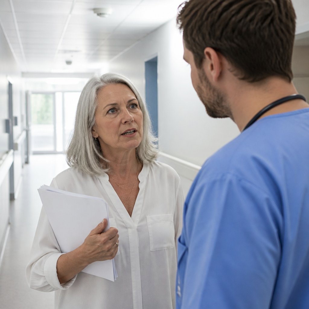 Woman confronted by OR director ordering her to discard documents in hospital corridor.