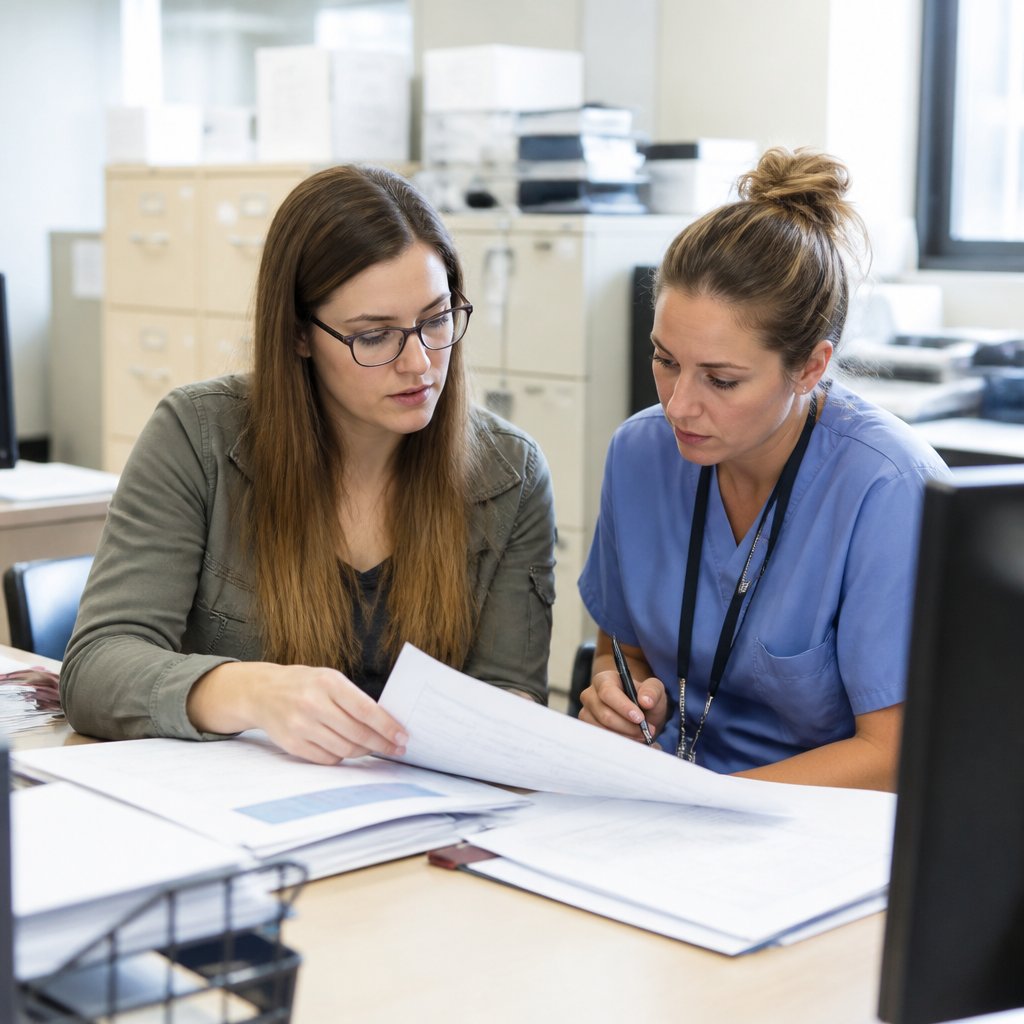 Woman reviewing medical records with nurse in hospital records office.
