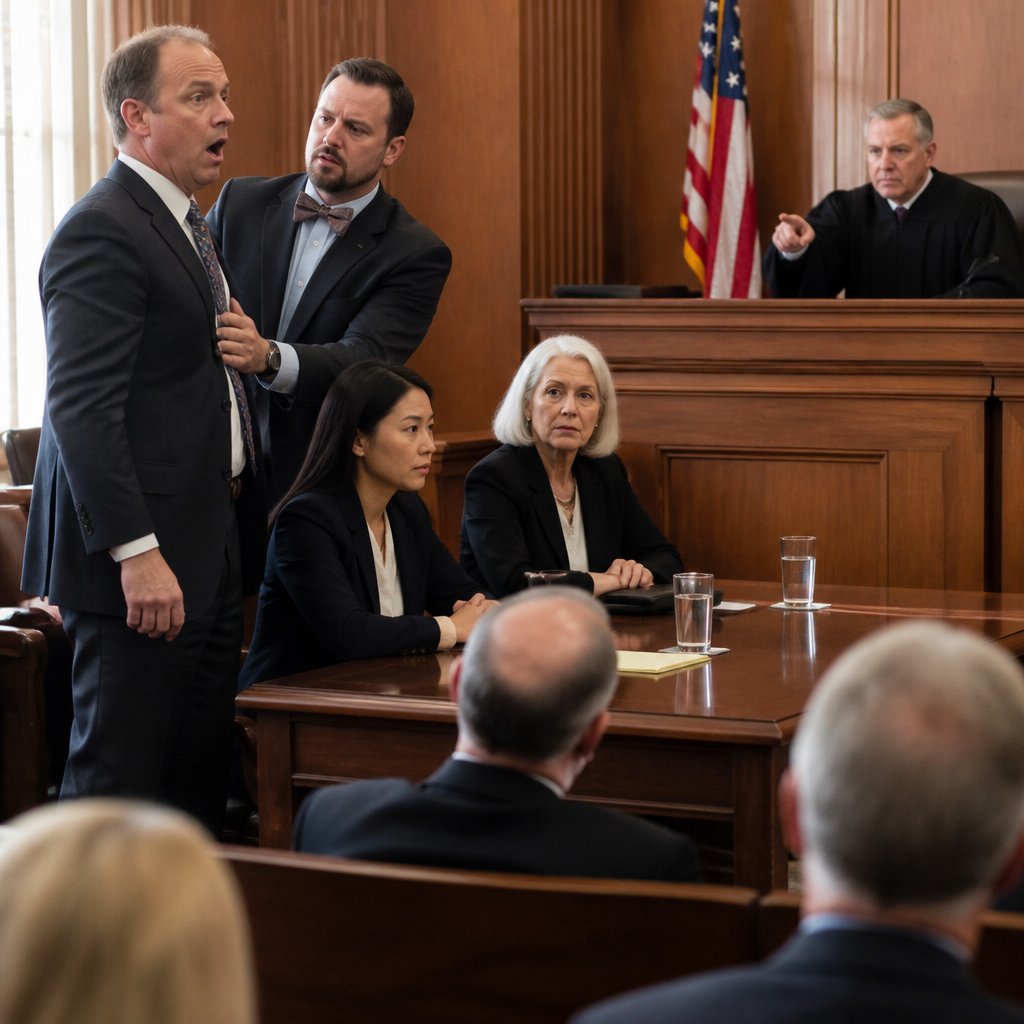 Judge delivering directed verdict as plaintiff stands in shock and defense sits still